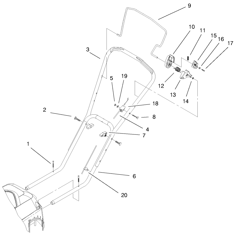 Handle & Controls Assembly Diagram and Parts List for 20052 99000001 - 99999999 Toro Lawn Mower
