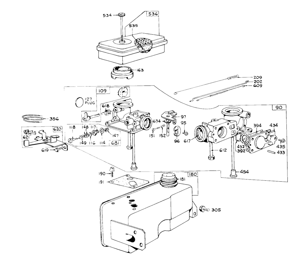 Carburetor And Fuel Tank Assembly Diagram and Parts List for 56000 2000001 - 2999999 Toro Lawn Tractor
