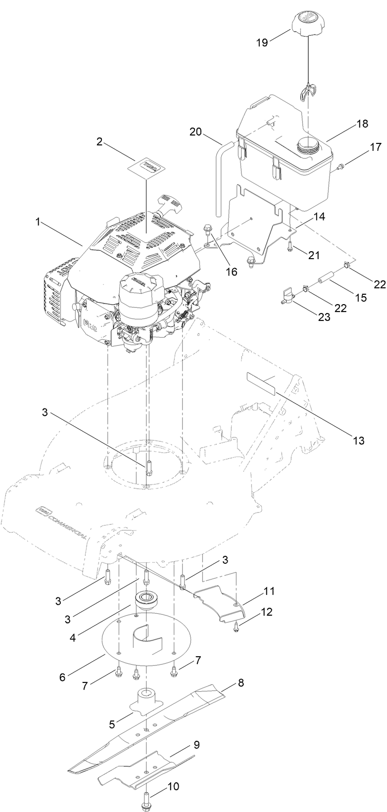 Engine And Blade Assembly Diagram and Parts List for 22287 410000000 - 413999999 Toro Lawn Mower