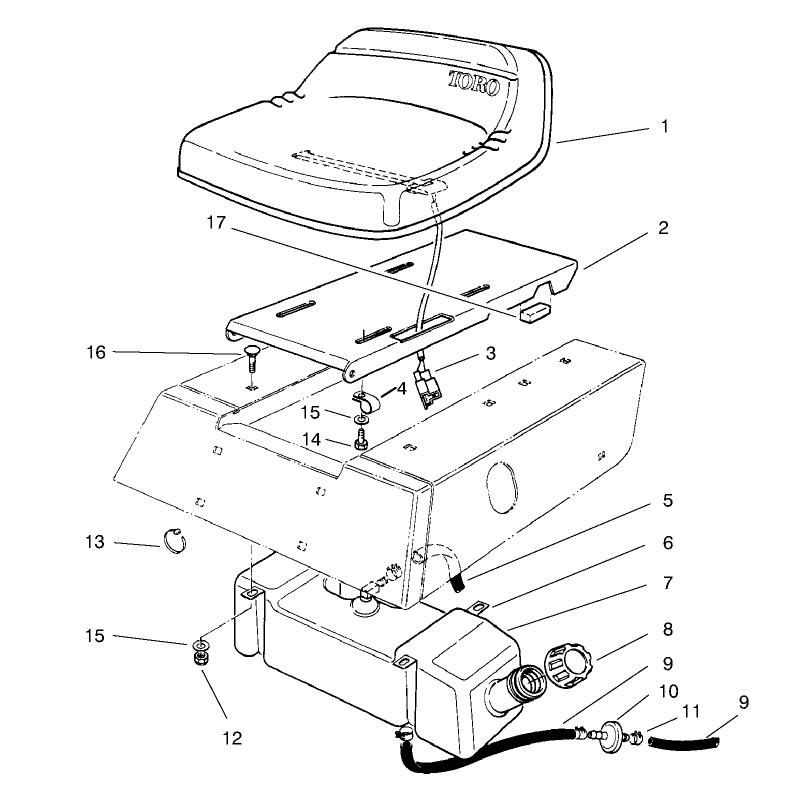Seat & Gas Tank Assembly Diagram and Parts List for 70060 89000001 - 89999999 Toro Lawn Tractor