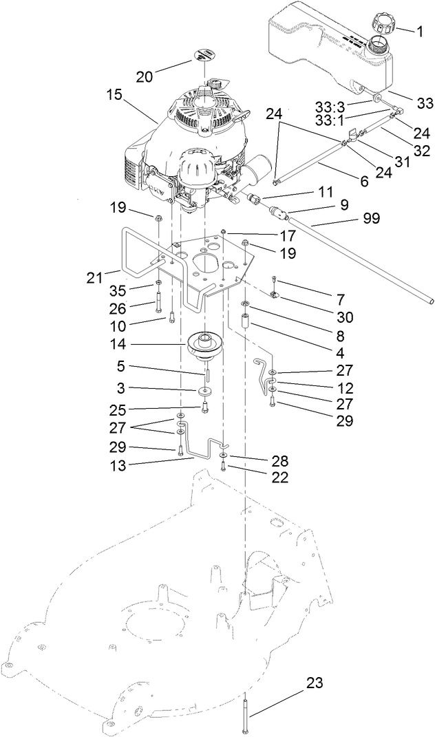 Engine And Fuel Tank Assembly Diagram and Parts List for 22203TE (312000001-312999999)(2012) Toro Lawn Mower