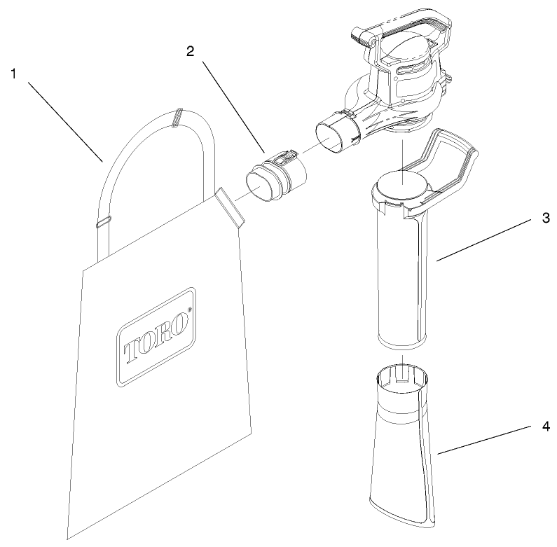 Vacuum Tube & Bag Assembly Diagram and Parts List for 51549 99000001 - 99100000 Toro Leaf Blower / Vacuum