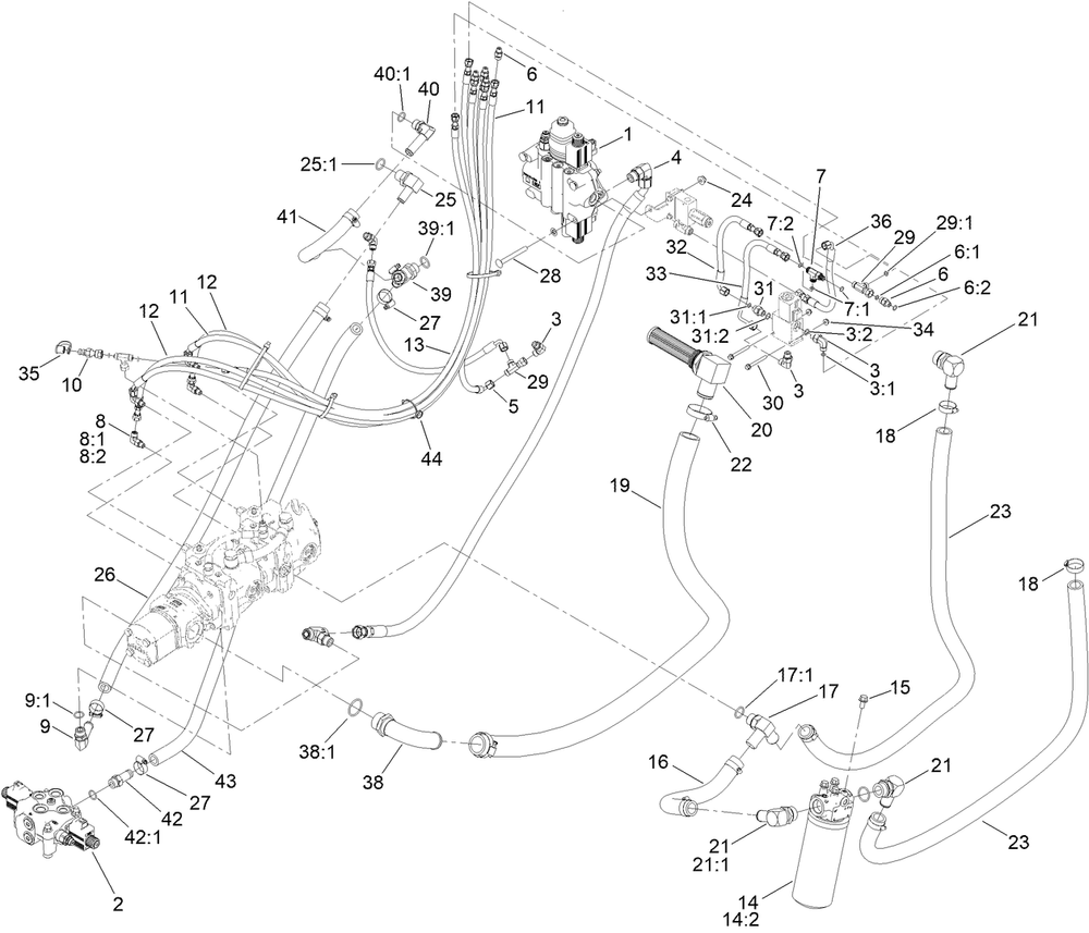 Principal Hydraulic Assembly Diagram and Parts List for 22370 413000000 - 414487256 Toro Lawn Tractor Accessories