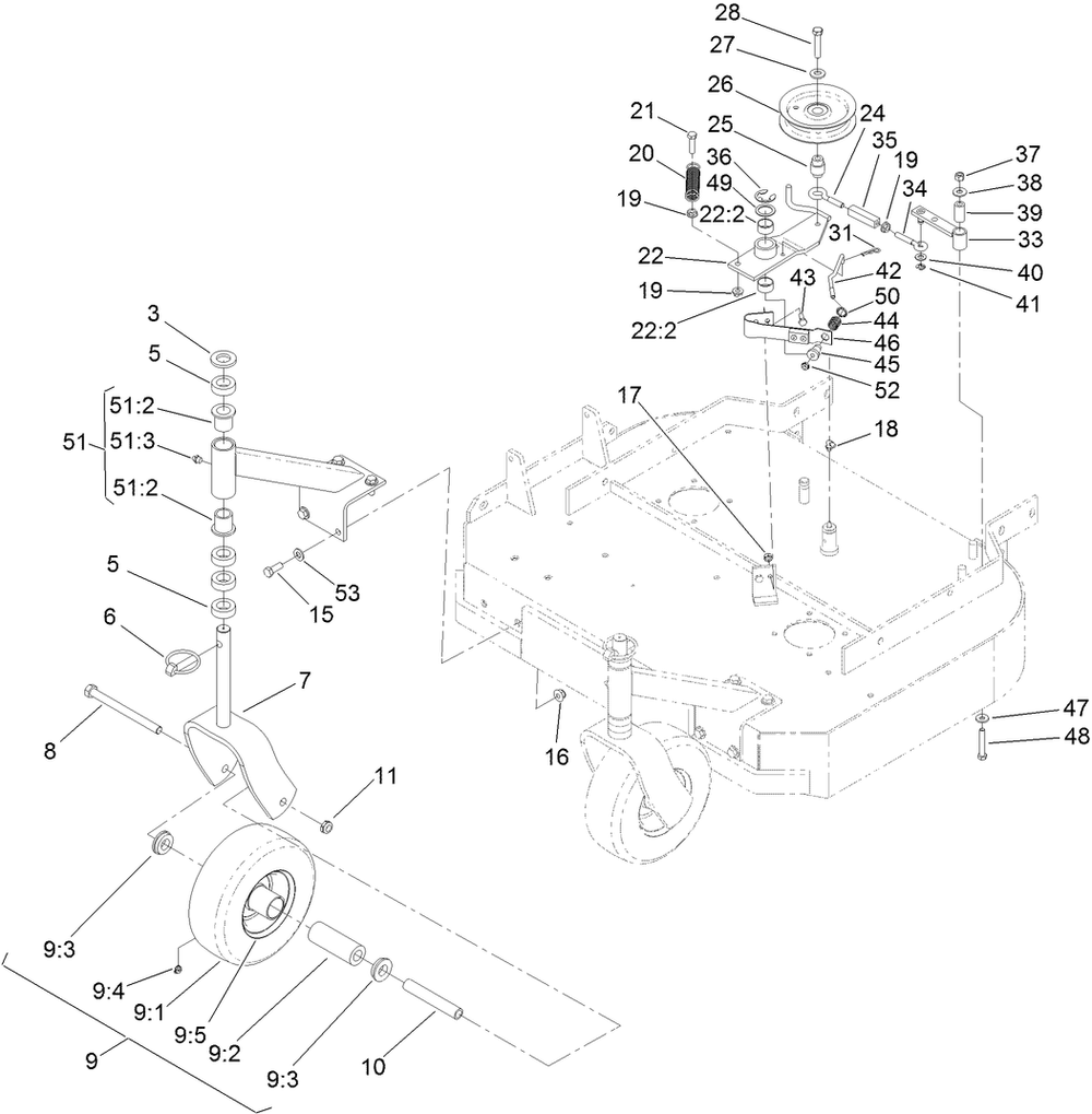 Idler Arm And Caster Wheel Assembly Diagram and Parts List for 30672 405670000-410299999 Toro Lawn Mower