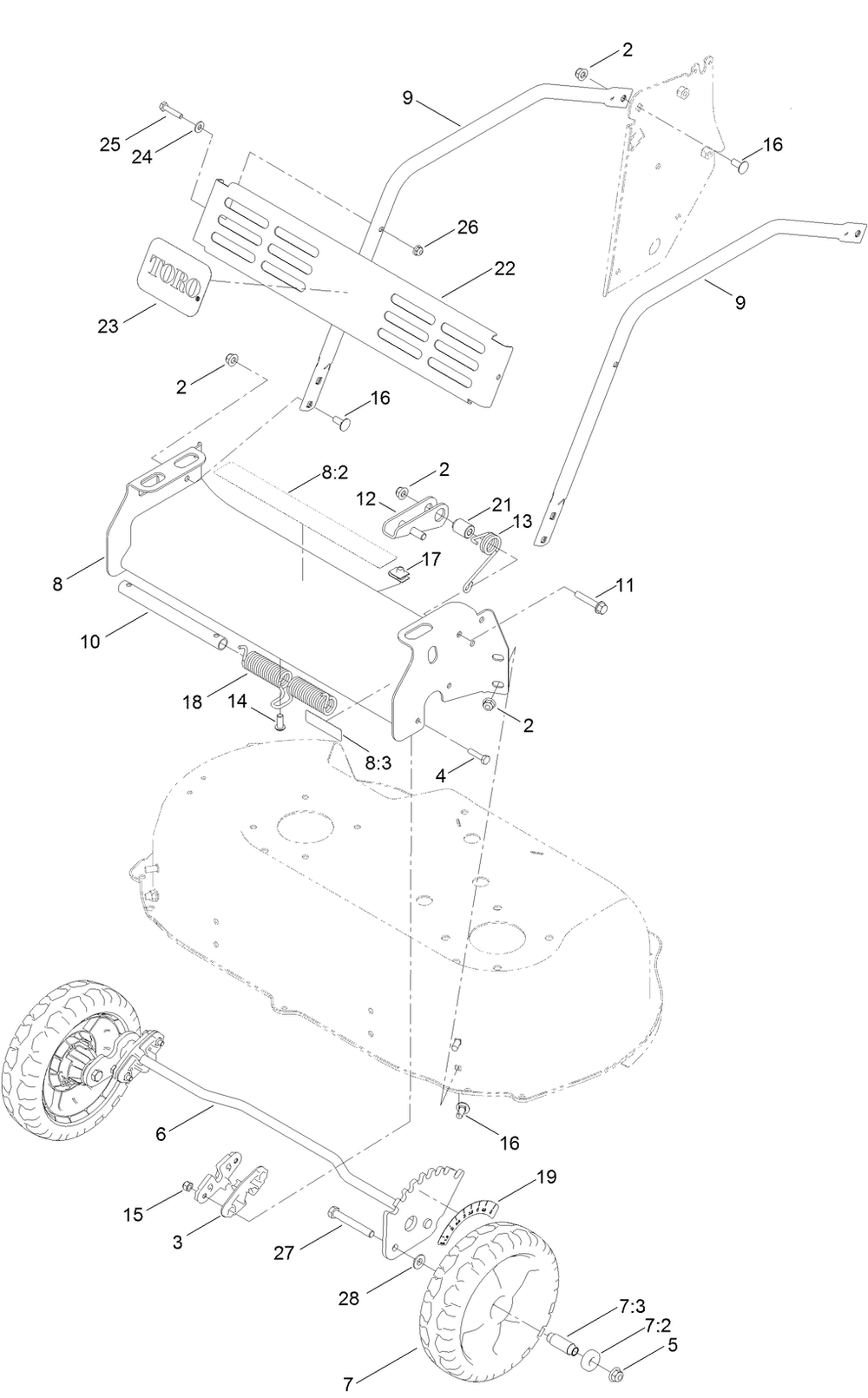 Front Bumper And Wheel Assembly Diagram and Parts List for 22210 404320000-999999999 Toro Lawn Mower