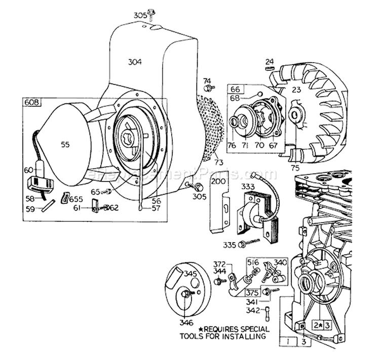Rewind Starter Diagram and Parts List for 62900 3000001-3999999 - 1973 Toro Leaf Blower / Vacuum