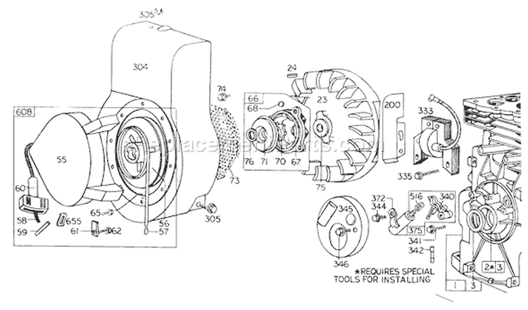 Rewind Starter Diagram and Parts List for 62911 4000001-4999999 - 1974 Toro Leaf Blower / Vacuum
