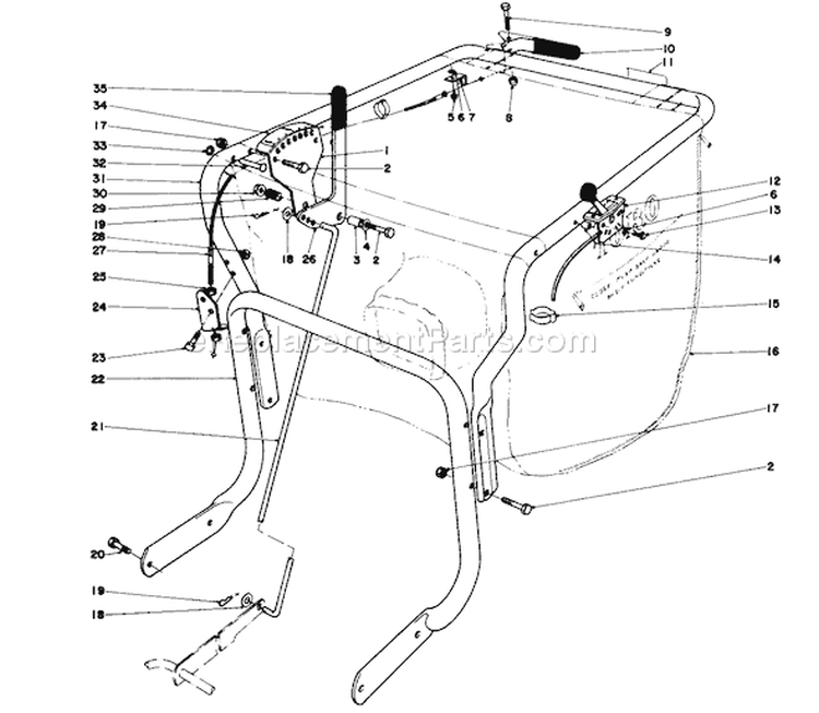 Handle Assembly Diagram and Parts List for 62912 0000001-0999999 - 1980 Toro Leaf Blower / Vacuum