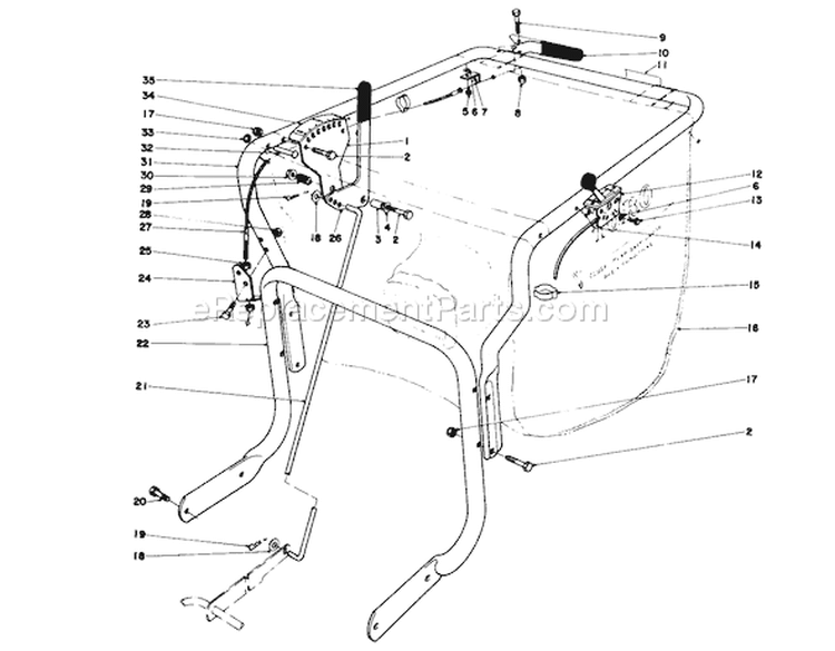 Handle Assembly Diagram and Parts List for 62912 1000001-1999999 - 1981 Toro Leaf Blower / Vacuum
