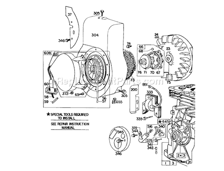 Rewind Starter Diagram and Parts List for 62912 1000001-1999999 - 1981 Toro Leaf Blower / Vacuum