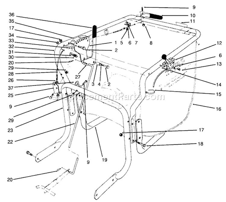 Control and Handle Assembly Diagram and Parts List for 62924 5900001-5999999 - 1995 Toro Leaf Blower / Vacuum