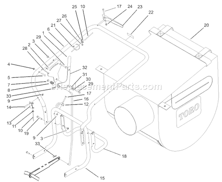 Handle And Bag Assembly Diagram and Parts List for 62925 210000001-210999999 - 2001 Toro Leaf Blower / Vacuum