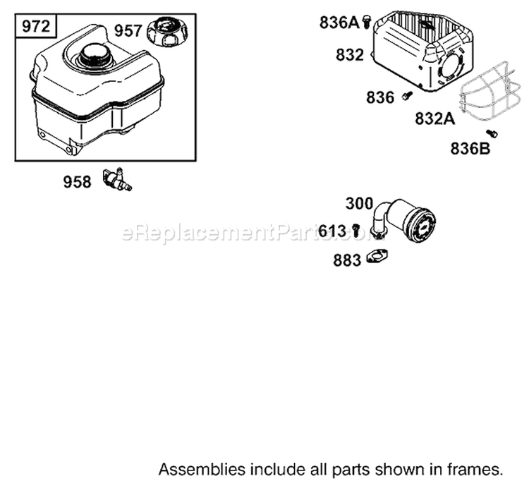 Muffler and Fuel Tank Assembly Diagram and Parts List for 62925 210000001-210999999 - 2001 Toro Leaf Blower / Vacuum