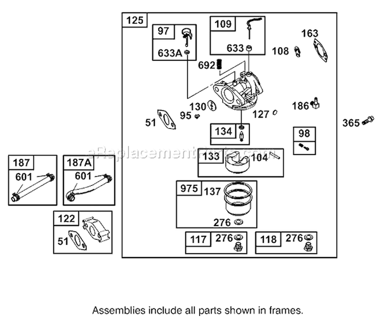 Carburetor Assembly Diagram and Parts List for 62925 210000001-210999999 - 2001 Toro Leaf Blower / Vacuum