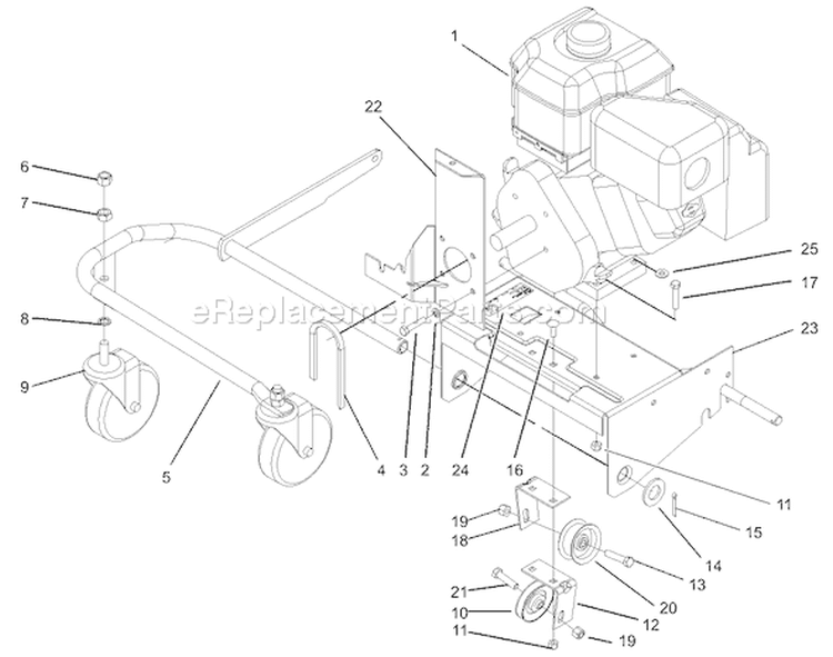 Engine and Front Wheel Assembly Diagram and Parts List for 62925 210000001-210999999 - 2001 Toro Leaf Blower / Vacuum