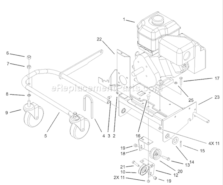 Engine and Front Wheel Assembly Diagram and Parts List for 62925 220000001-220999999 - 2002 Toro Leaf Blower / Vacuum