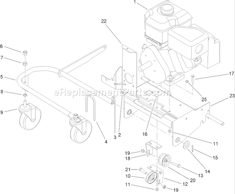 Engine and Front Wheel Assembly Diagram and Parts List for 62925 270000001-270999999 - 2007 Toro Leaf Blower / Vacuum