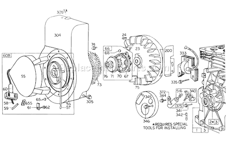 Rewind Starter Diagram and Parts List for 62933 4000001-4999999 - 1974 Toro Leaf Blower / Vacuum
