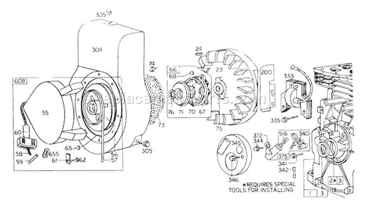 Rewind Starter Diagram and Parts List for 62933 7000001-7999999 - 1977 Toro Leaf Blower / Vacuum