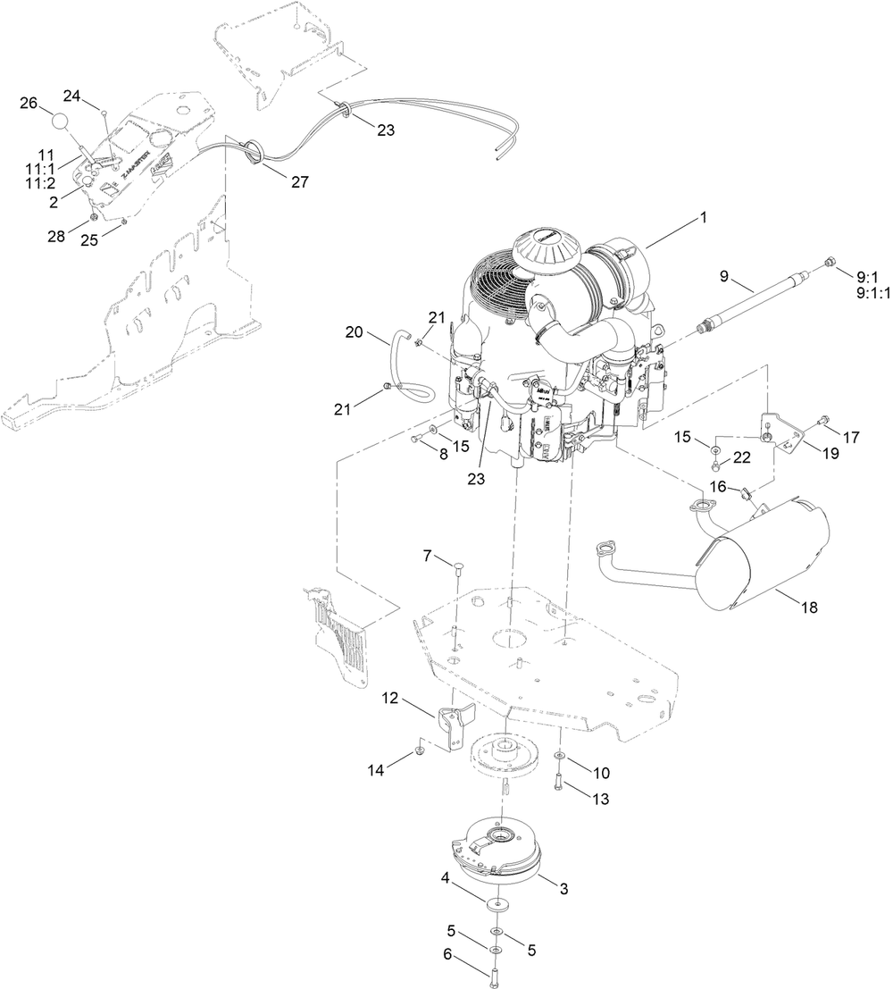 Engine, Clutch And Muffler Assembly Diagram and Parts List for 72942TE 411000000 - 413999999 Toro Lawn Tractor
