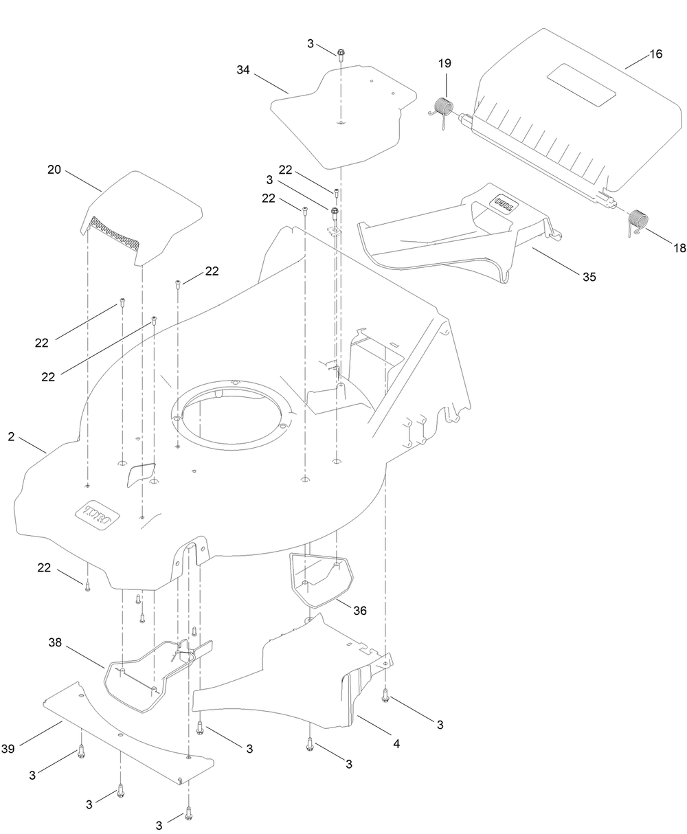 Deck Assembly Diagram and Parts List for 21693 413000000 - 414499999 Toro Lawn Mower