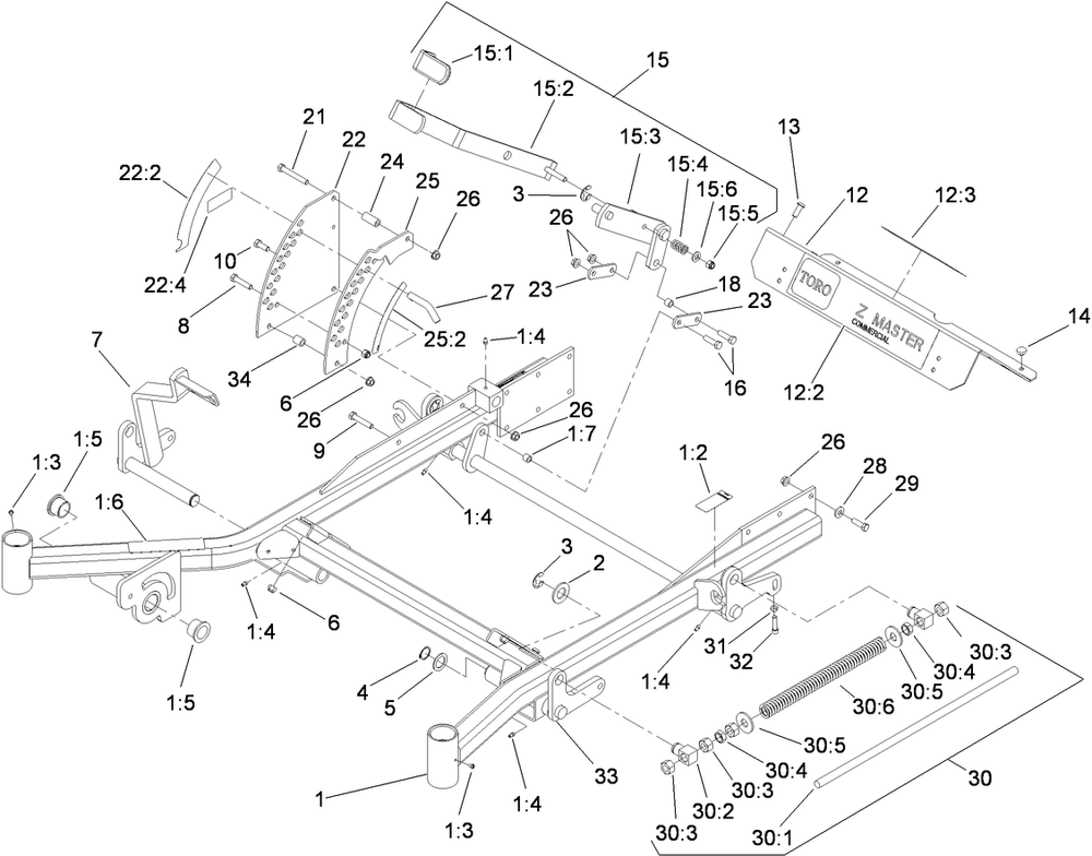 Front Frame Assembly Diagram and Parts List for 74274CP (311000001-311999999)(2011) Toro Lawn Mower