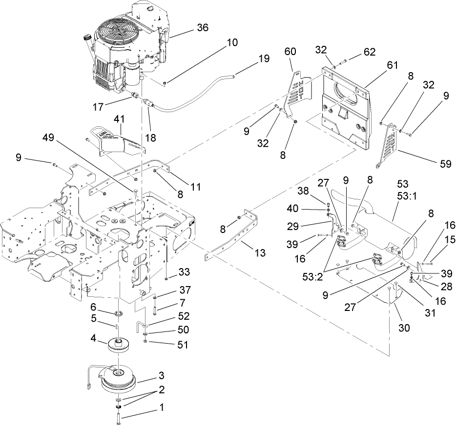 Engine, Clutch And Muffler Assembly Diagram and Parts List for 74416CP (270002001-270999999)(2007) Toro Lawn Mower