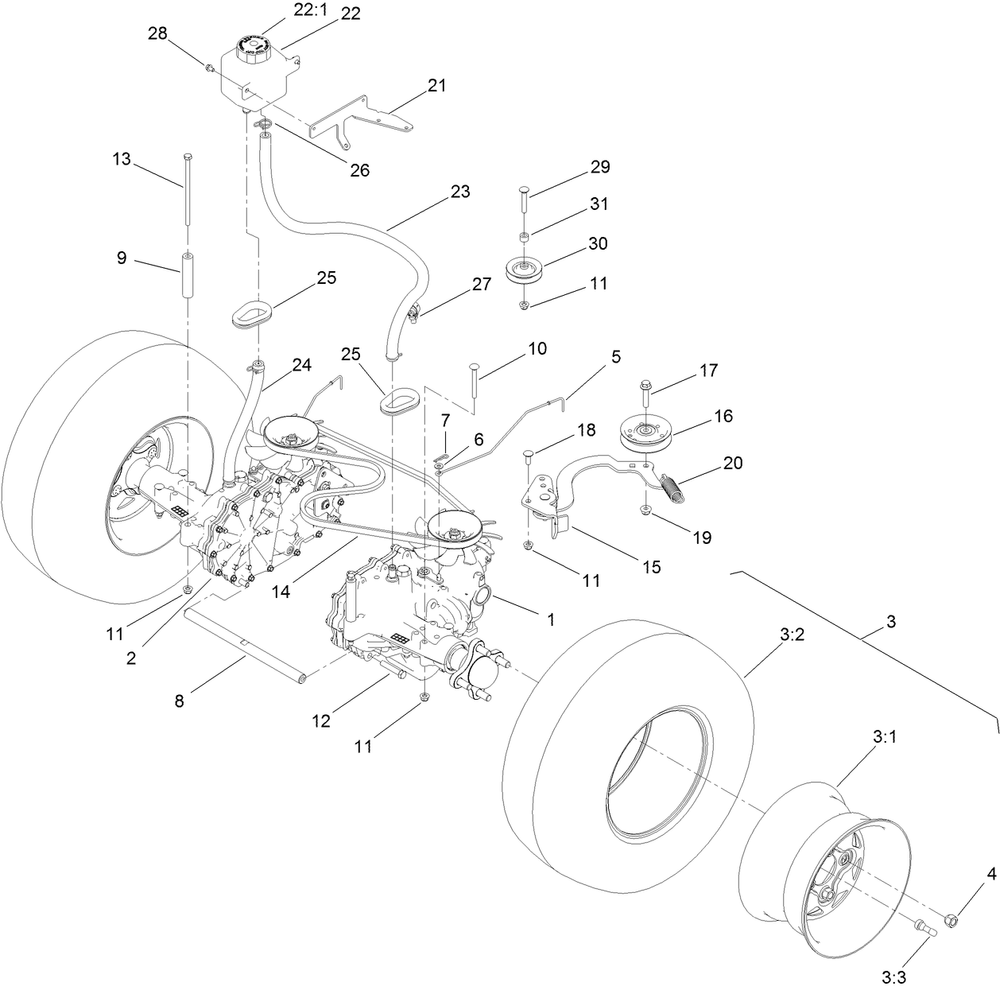 Transmission Assembly Diagram and Parts List for 44427 406959873-406959896 Toro Lawn Mower