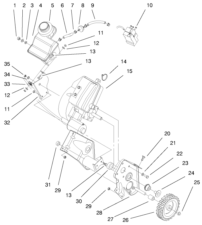 Engine And Gas Tank Assembly Diagram and Parts List for 38432 9900001 - 9999999 Toro Snow Blower