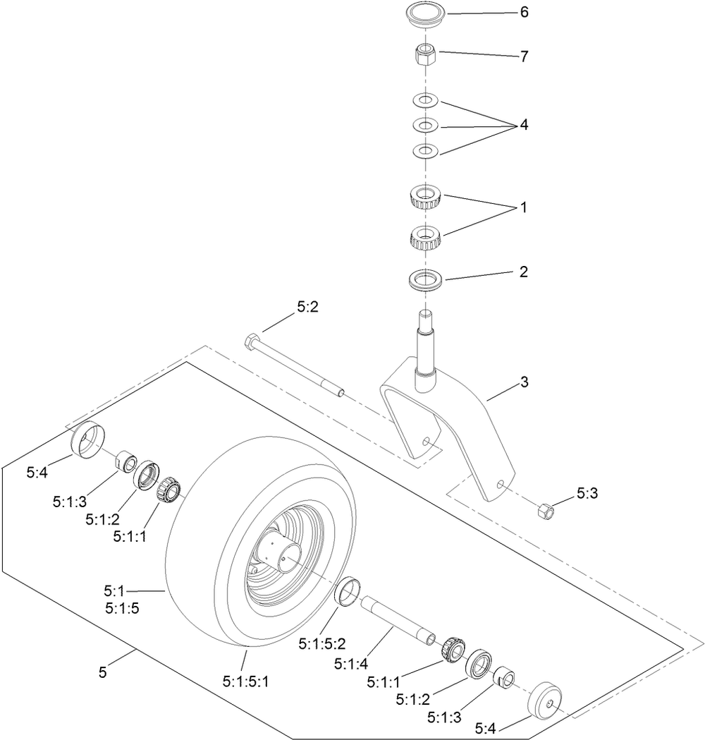 Caster Fork And Wheel Assembly Diagram and Parts List for 74141TE (312000001-312999999)(2012) Toro Lawn Mower