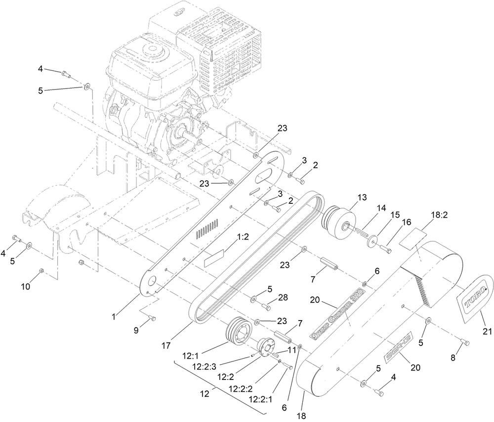 Belt Drive Assembly Diagram and Parts List for 22615G 400000000 - 401999999 Toro Stump Grinder