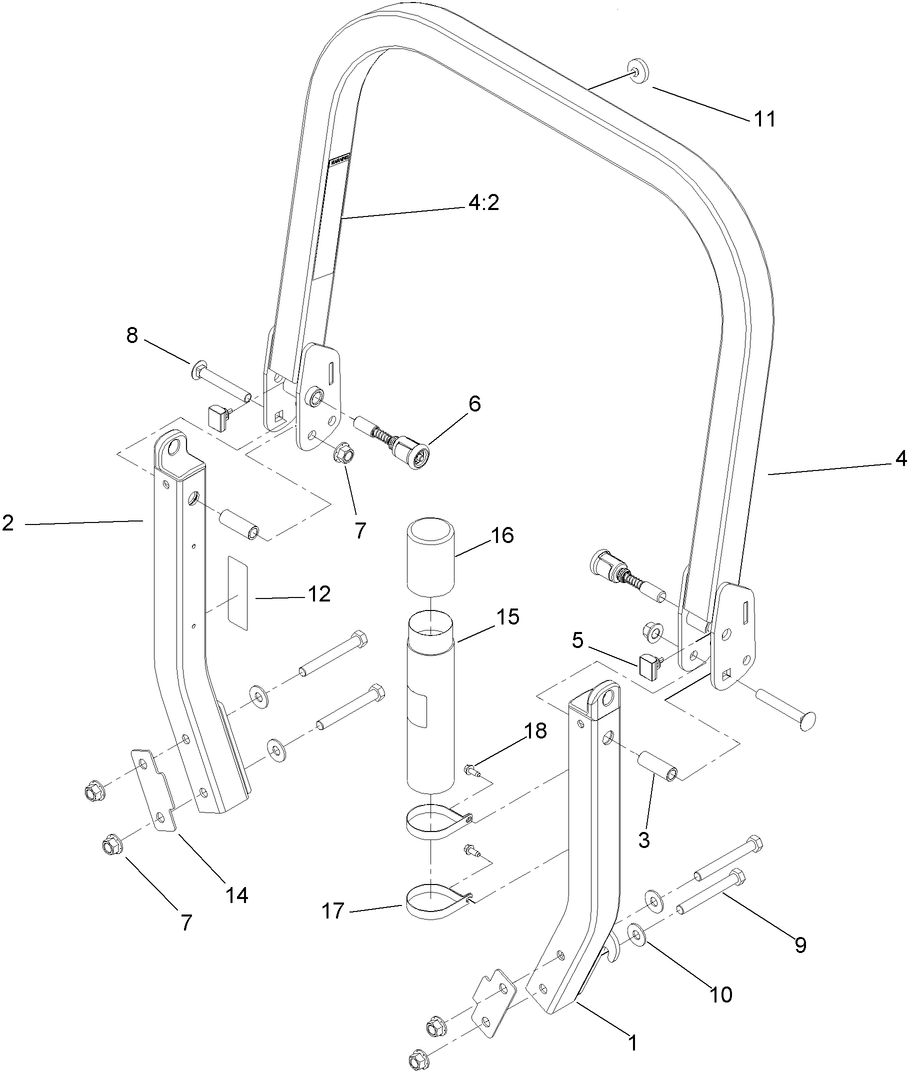 Roll-Over Protection System Assembly Diagram and Parts List for 74951 (311000001-311000402)(2011) Toro Lawn Mower