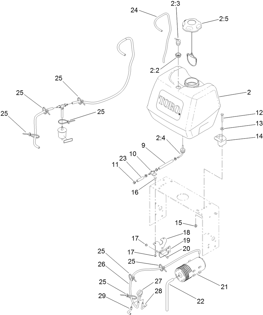 Fuel System Assembly Diagram and Parts List for 39638 405700000-410299999 Toro Lawn Mower