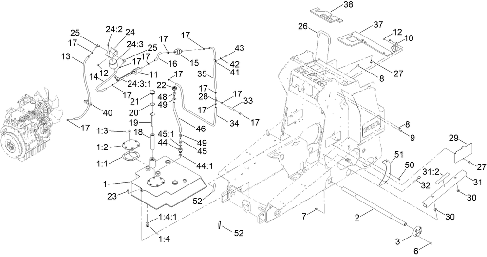 Hydraulic Tank And Track Shaft Assembly Diagram and Parts List for 22327G 407140000 - 409549999 Toro Lawn Tractor Accessories