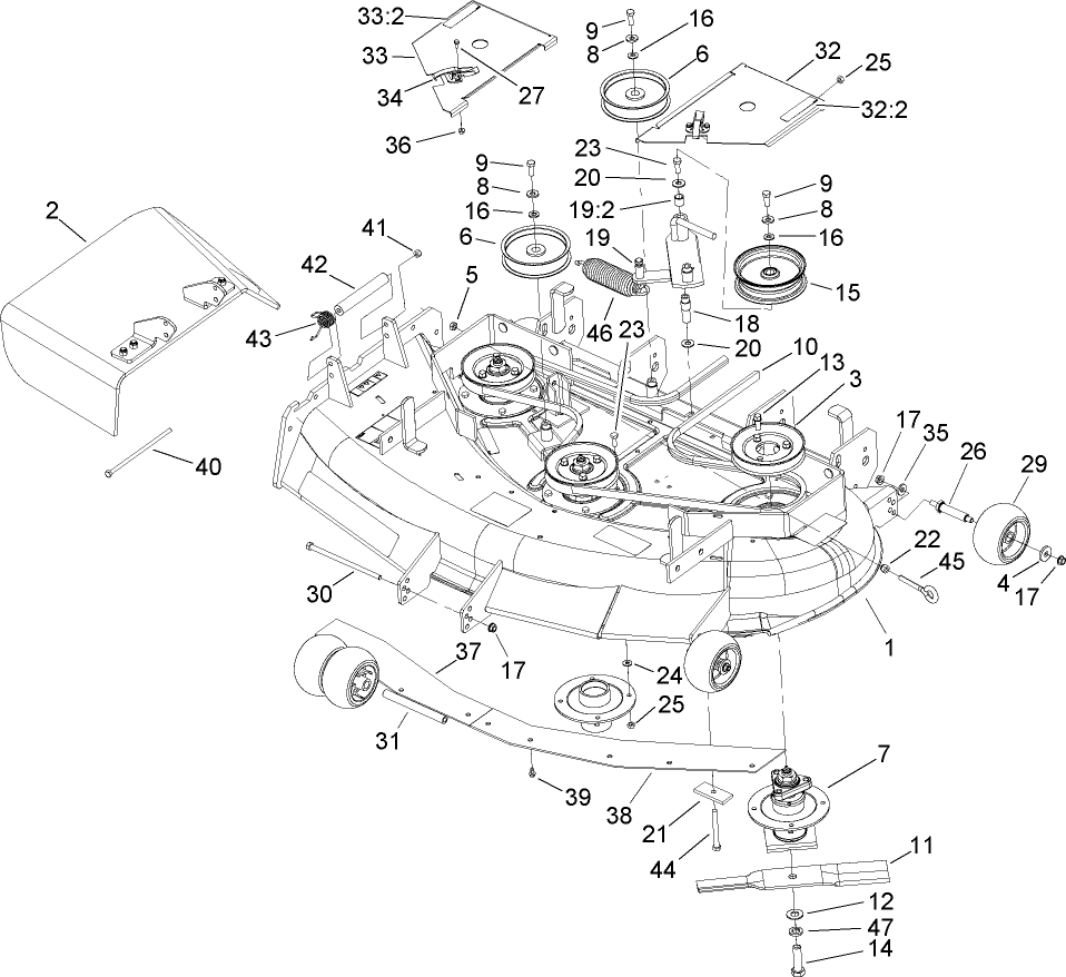 Deck Assembly Diagram and Parts List for 74411TE (250000001-250999999)(2005) Toro Lawn Mower