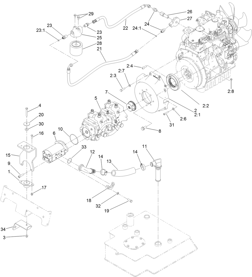 Tandem Pump And Gear Pump Assembly Diagram and Parts List for 22328HD 403100000 - 404356213 Toro Lawn Tractor Accessories