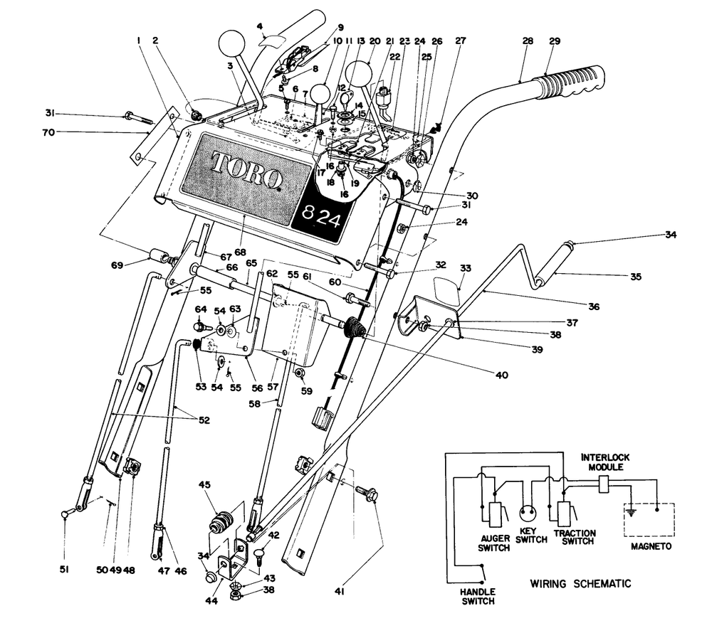 Handle Assembly Diagram and Parts List for 38080 4000001 - 4999999 Toro Snow Blower
