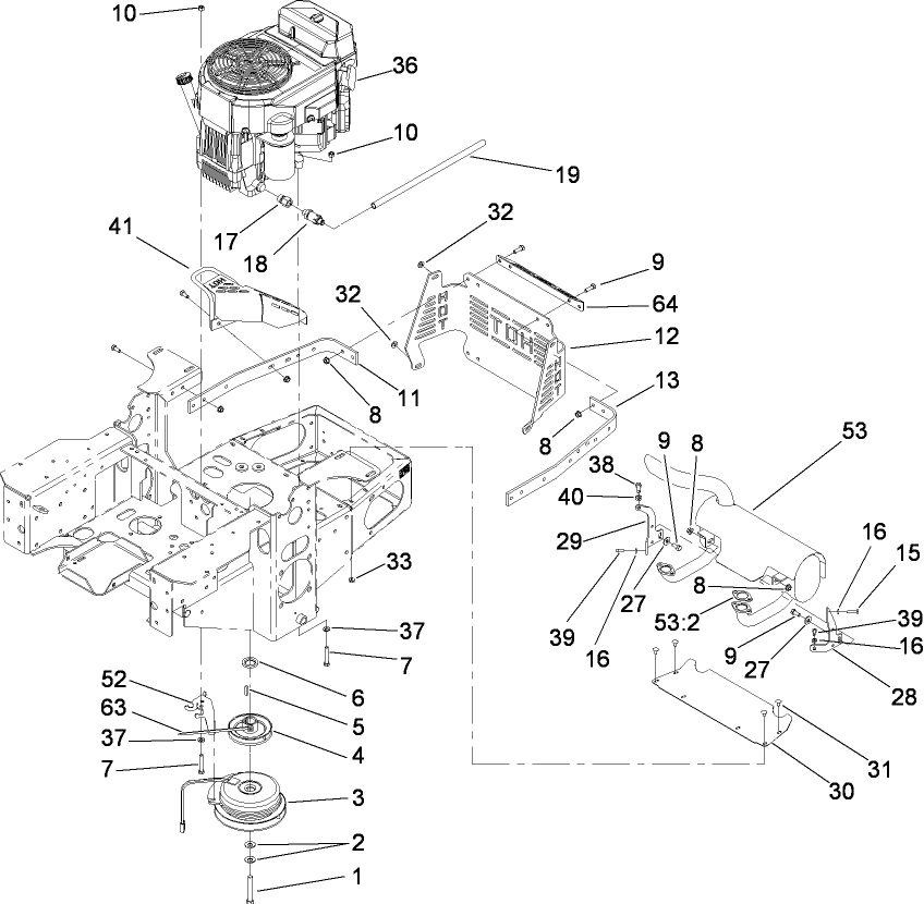 Engine, Clutch And Muffler Assembly Diagram and Parts List for 74416TE (280000001-280999999)(2008) Toro Lawn Mower