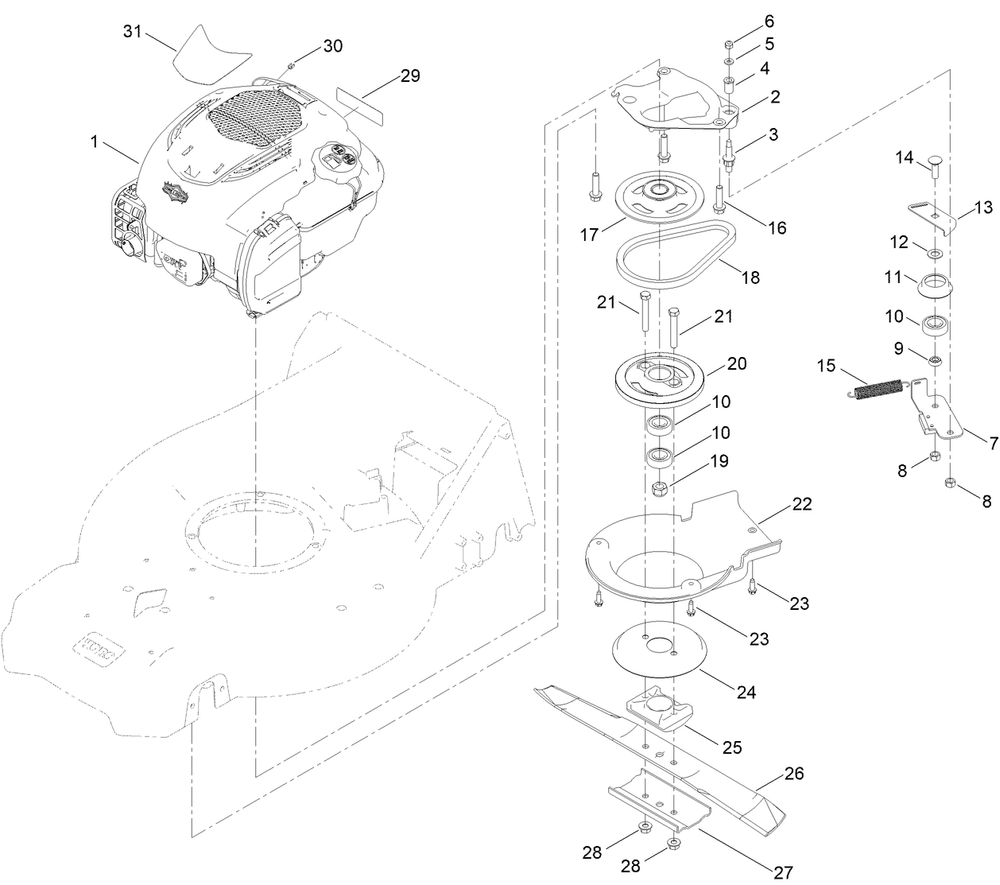 Engine And Blade Assembly Diagram and Parts List for 21563 411000000 - 412146708 Toro Lawn Mower