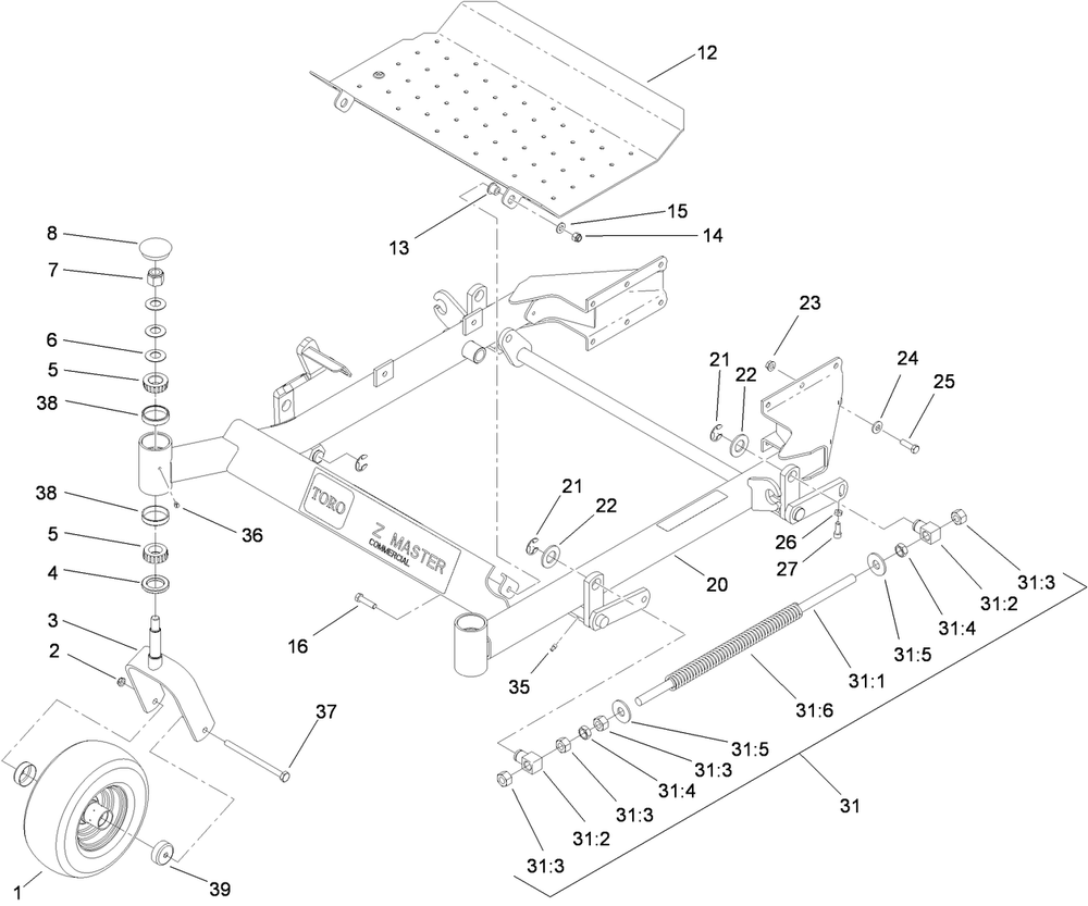 Front Frame And Caster Wheel Assembly Diagram and Parts List for 74450TE (310000001-310999999)(2010) Toro Lawn Mower