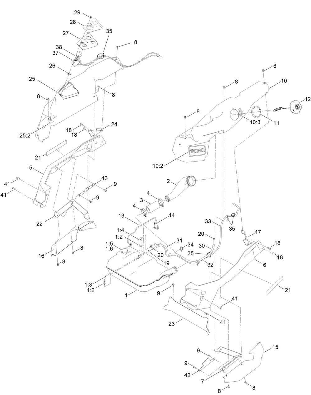 Fuel Pod Assembly Diagram and Parts List for 76401 417260000 - 417299999 Toro Lawn Tractor