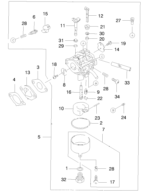 Carburetor Diagram and Parts List for 22170 9900001 - 9999999 Toro Lawn Mower