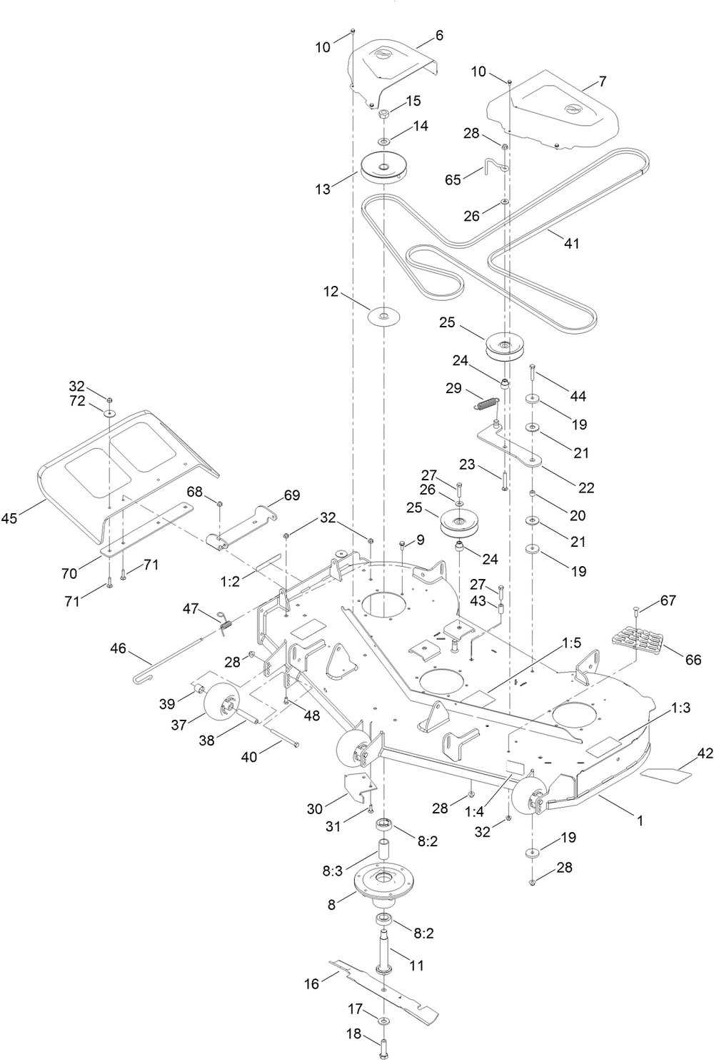 54 Inch Deck Assembly Diagram and Parts List for 75315 411600000 - 411643471 Toro Lawn Tractor