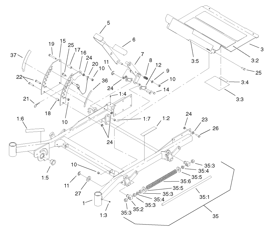 Front Frame Assembly Diagram and Parts List for 74213 (230000001-230006000)(2003) Toro Lawn Mower