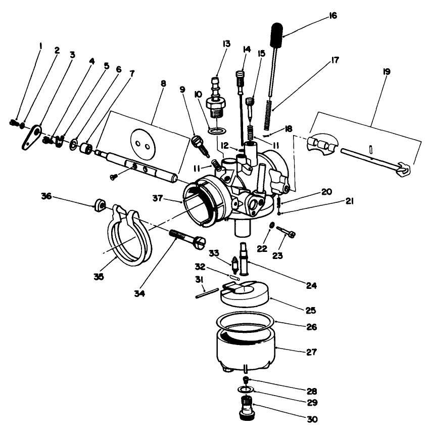 Carburetor Assembly Diagram and Parts List for 30113 8000001 - 8999999 Toro Lawn Tractor Accessories
