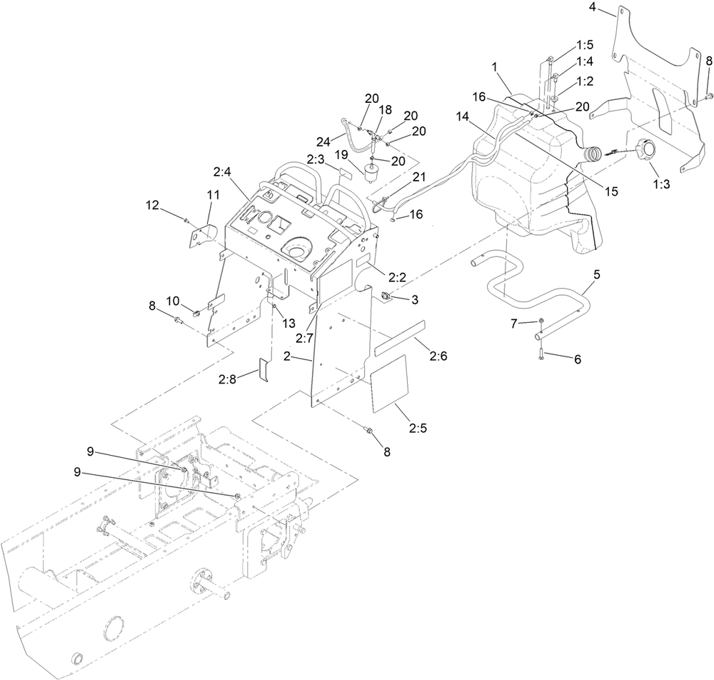 Fuel Tank And Tower Assembly Diagram and Parts List for 68138G 411800000 - 412337944 Toro Lawn Tractor Accessories