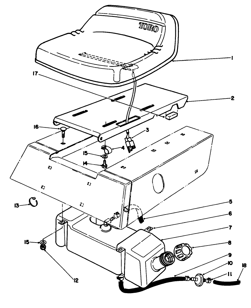 Seat & Gas Tank Assembly Diagram and Parts List for 56133 1000001 - 1999999 Toro Lawn Tractor