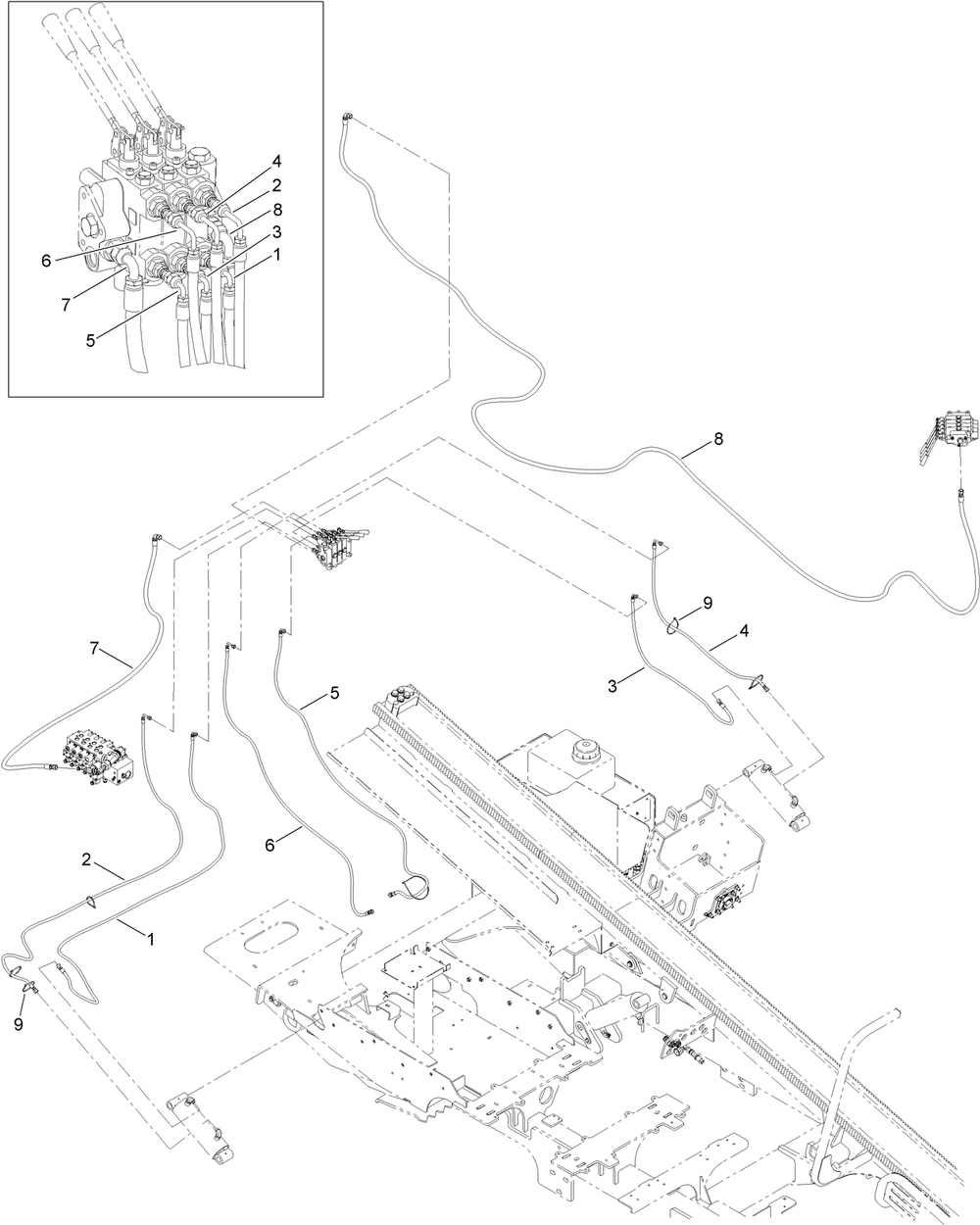 3 Spool Hydraulic Valve Plumbing Assembly Diagram and Parts List for 23898 400000000 - 999999999 Toro Lawn Tractor Accessories