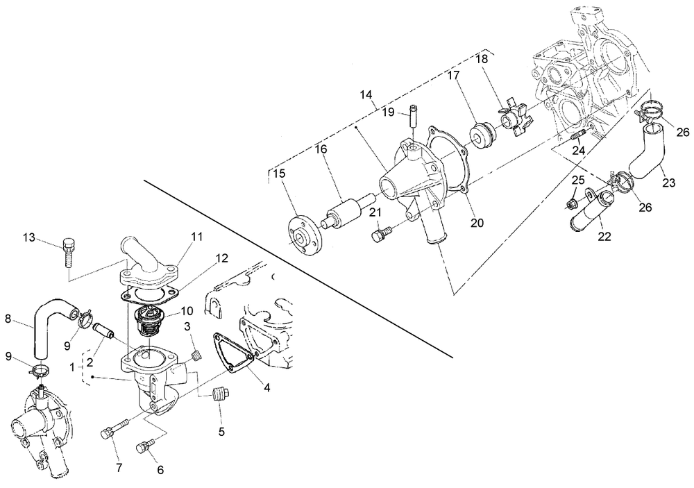 Water Flange, Pump, Pipe And Thermostat Assembly Diagram and Parts List for 74264TE (260000001-260999999)(2006) Toro Lawn Mower