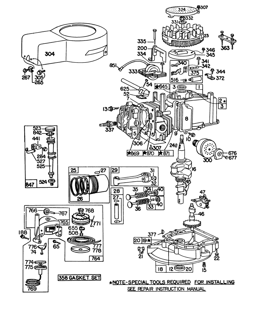 Engine Briggs & Stratton Model 93508-0193-01, Engine Briggs & Stratton Model 92908-2052-01 Diagram and Parts List for 16320 2000001 - 2999999 Toro Lawn Mower